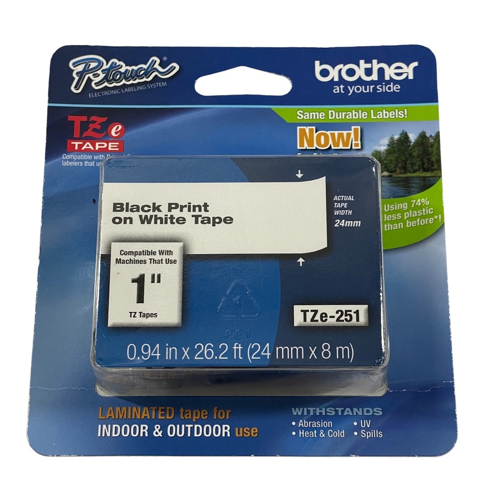 Brother TZe-251 P-Touch Label Tape 24mm 1 Inch Black on White Laminated New